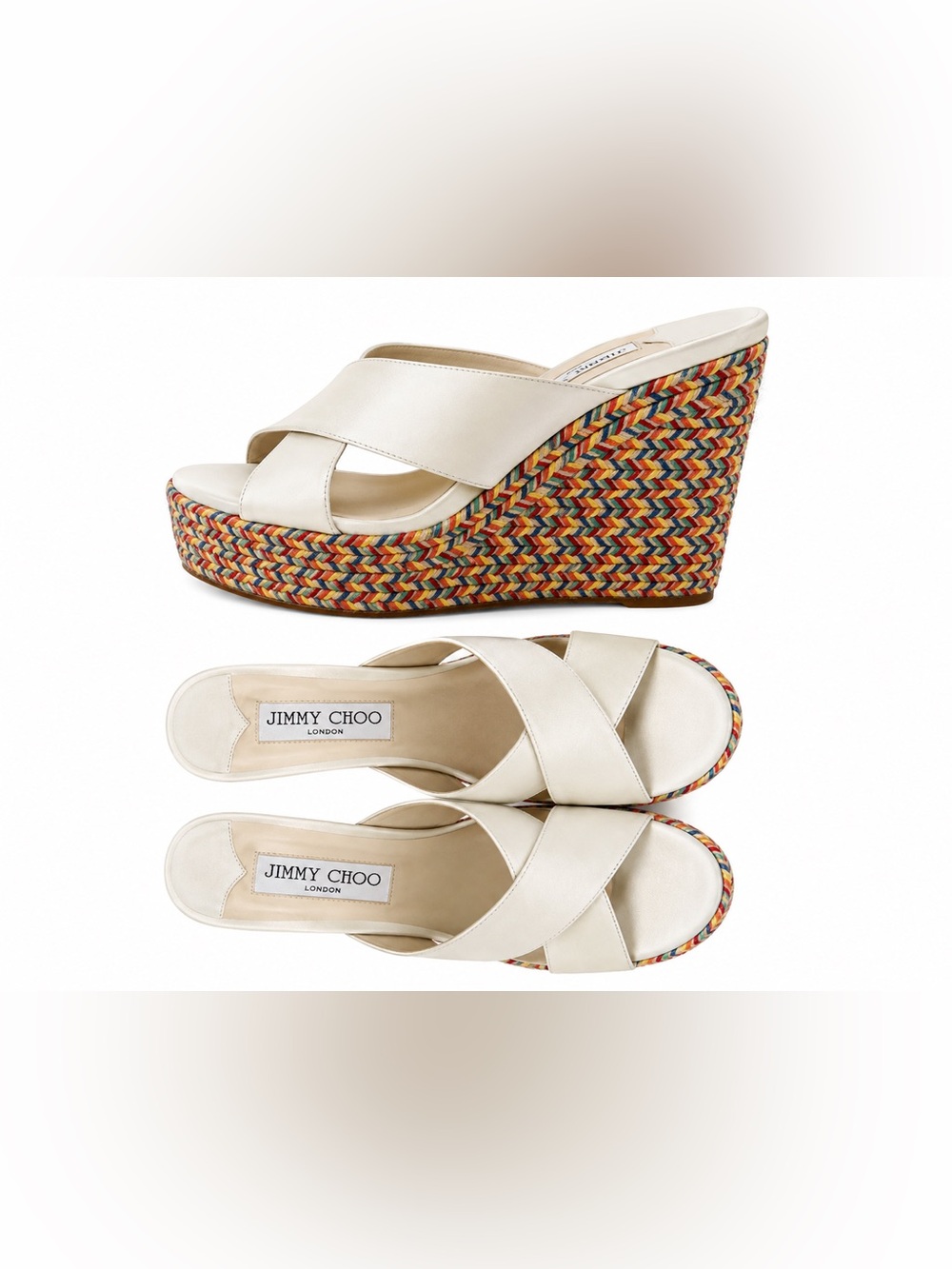 Jimmy Choo Cream Leather Wedge Sandals with Multicolor Braided Platform